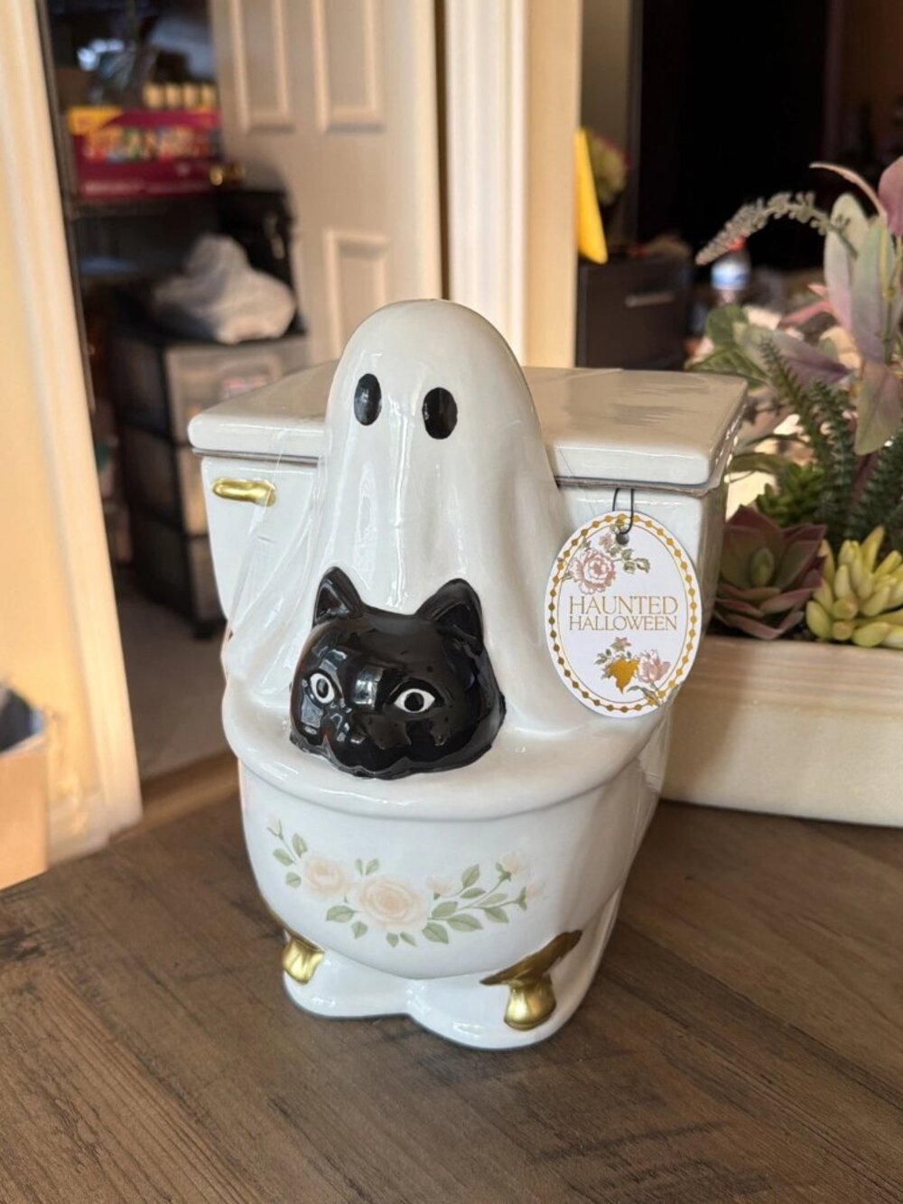Halloween Vintage-Style Floral Toilet Cookie Jar W Whimsical Ghost & Black Cat